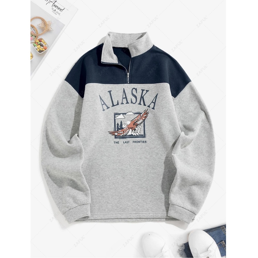 Zaful Gray and Blue Color-Block Sweatshirt